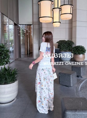 WUBAIZI  小众设计卡通涂鸦慵懒风阔腿裤休闲运动卫裤直筒裤25706