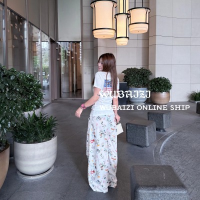 WUBAIZI  小众设计卡通涂鸦慵懒风阔腿裤休闲运动卫裤直筒裤25706