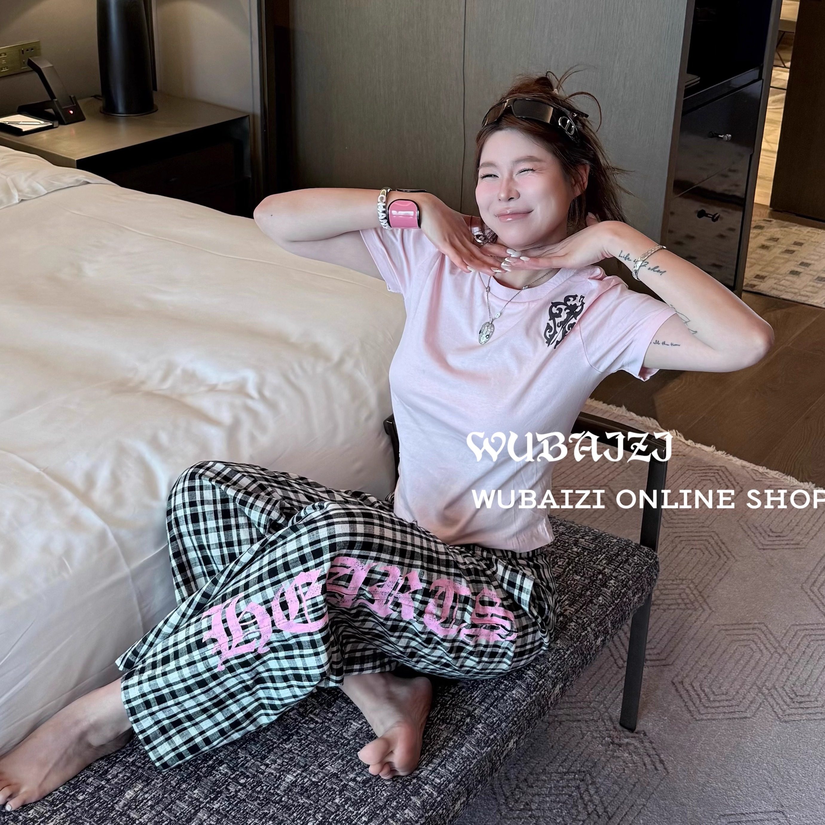 WUBAIZI|25s新款风学院休闲裤洗水加印花工艺面料直筒格子裤25676