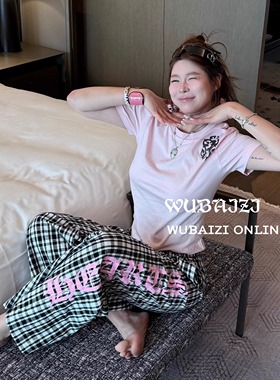 WUBAIZI|25s新款风学院休闲裤洗水加印花工艺面料直筒格子裤25676