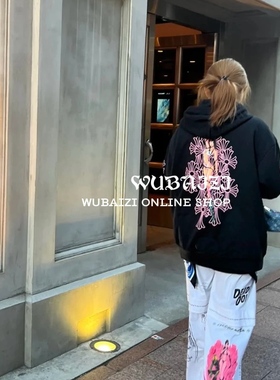 WUBAIZI迈阿密限定荆棘少女涂鸦连帽帽衫BF风宽松中长款外套25808