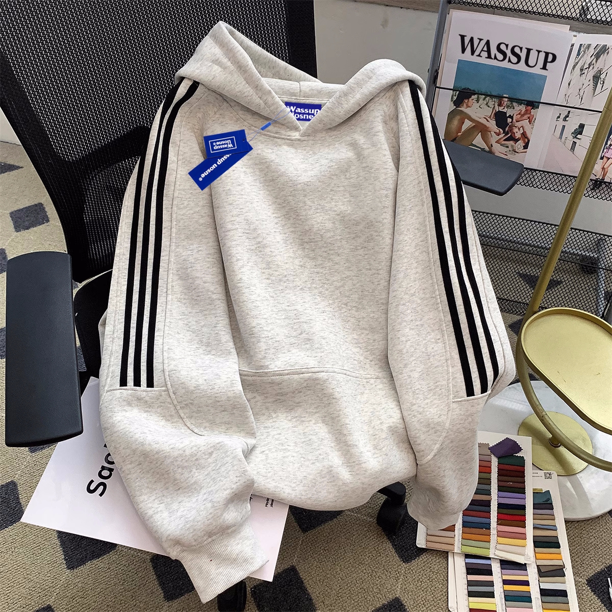 wassup美式重磅三条杠连帽卫衣男女情侣秋冬款宽松基础款上衣外套