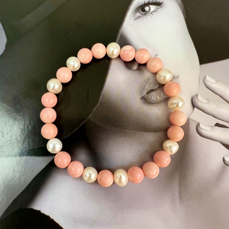 天然正品粉贝壳珊瑚贝手串女手链项链淡水珍珠复古小香风公主套装