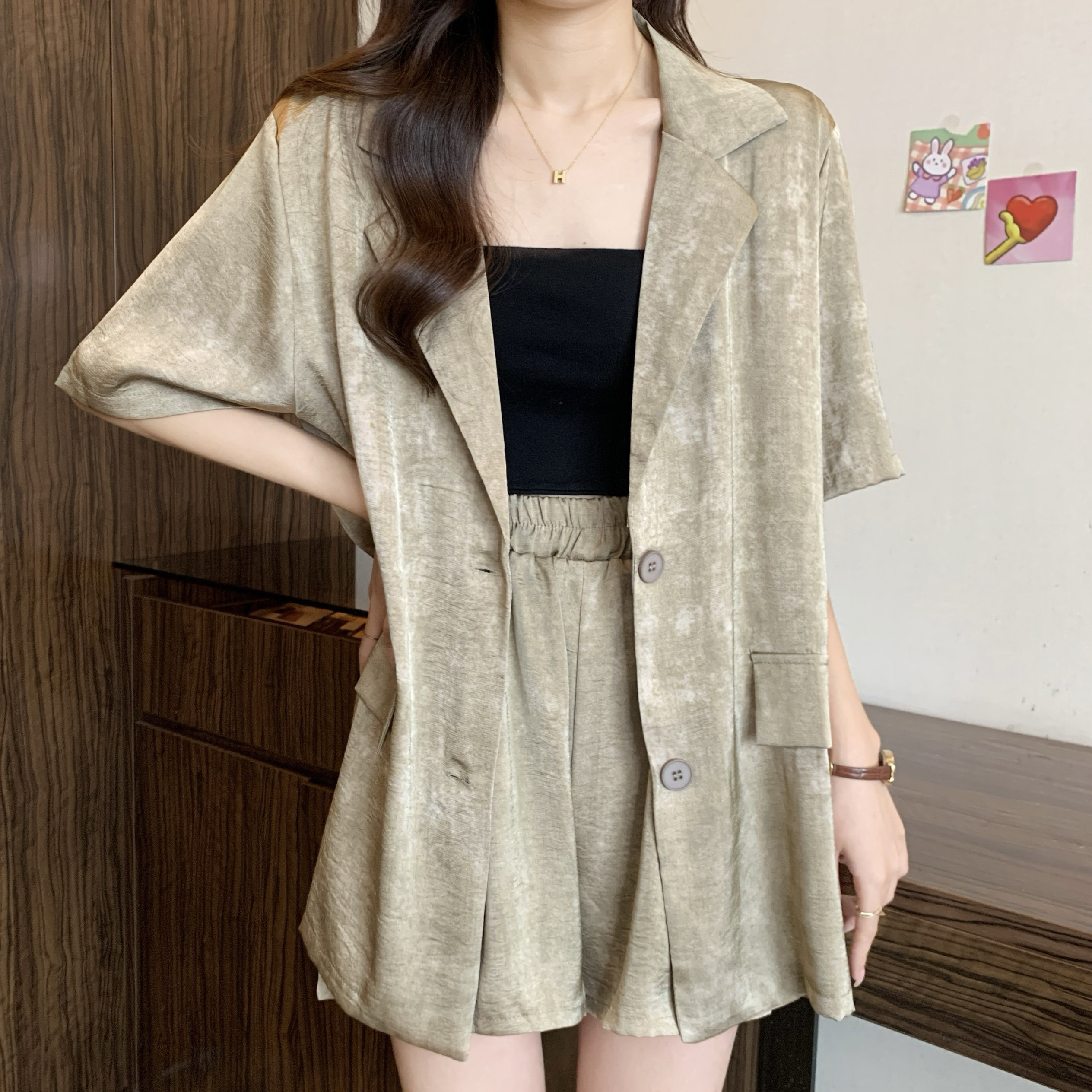 设计感扎染西装外套短裤套装女夏季大码胖妹妹时髦气质显瘦两件套