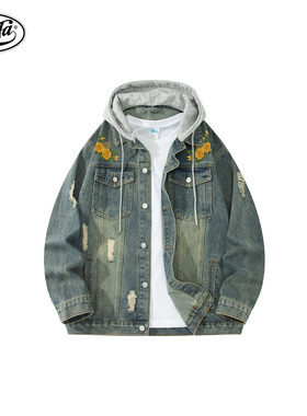 PAEFA美式复古高街品牌LOGO花卉宽松舒适日常百搭牛仔夹克男女款