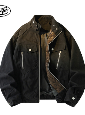 PAEFA美式帆布重磅蛇皮座山蟒短款休闲宽松百搭防风夹克外套男女