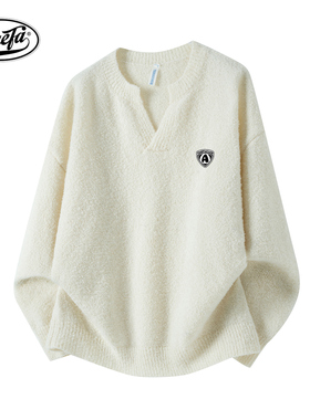 PAEFA 美式高街品牌印花软糯V领高级慵懒学院风针织衫毛衣 男女款