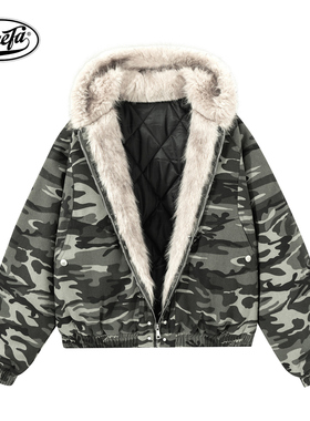 PAEFA 美式座山雕保暖毛领连帽休闲宽松防风抗寒迷彩棉服男女同款