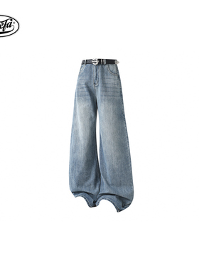 PAEFA美式高街cleanfit竹节纹直筒百搭水洗做旧弯刀牛仔裤男女款