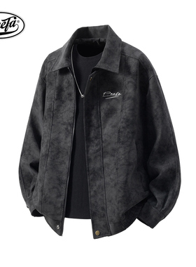 PAEFA美式复古雾面扎染休闲宽松翻领拉链款工装外套夹克男女同款