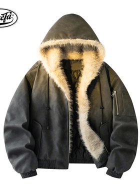 PAEFA 美式复古重磅座山雕保暖PU皮面包服外套连帽毛领棉服男女款