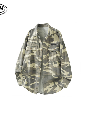PAEFA美式高街复古耐磨纯棉迷彩品牌logo休闲百搭舒适衬衫 男女款