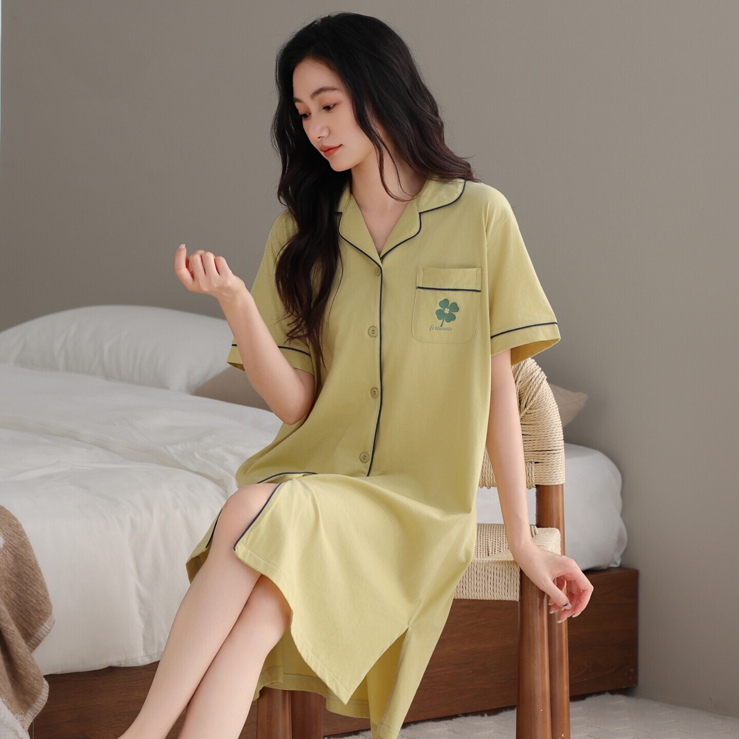 夏季女士薄款纯棉短袖长款睡裙
