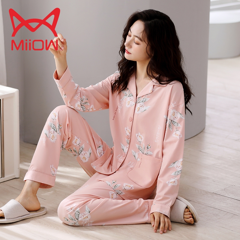 猫人女士纯棉开衫长袖家居服套装