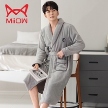 猫人男士睡袍秋冬款珊瑚绒加厚加绒保暖秋冬款男款法兰绒长款浴袍