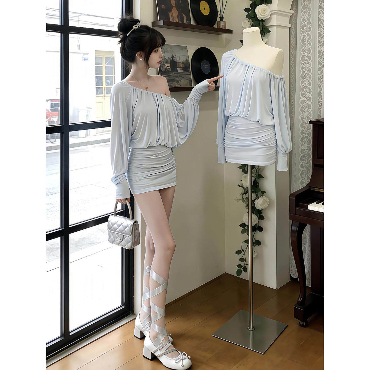 连衣裙女春高级感2026正流行长袖新款一字领露肩减龄短裙子显瘦夏