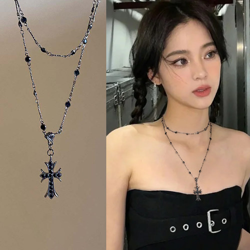 枪黑色十字架双层项链女