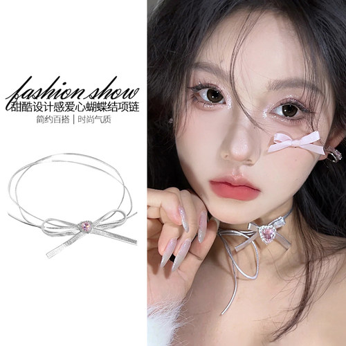 粉色爱心蝴蝶结项链女小众