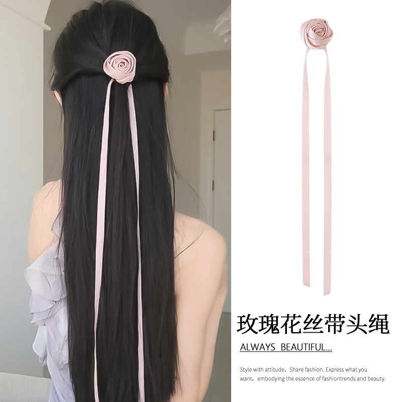 粉色玫瑰花朵发带女绑发高级感洋气时尚头带头绳日常外戴丝带发饰