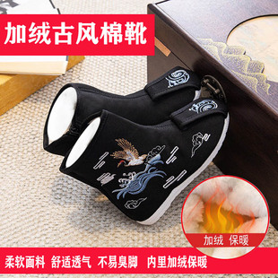 冬季加绒古装男童汉服鞋老北京布鞋儿童绣花鞋男童雪地靴棉鞋黑色