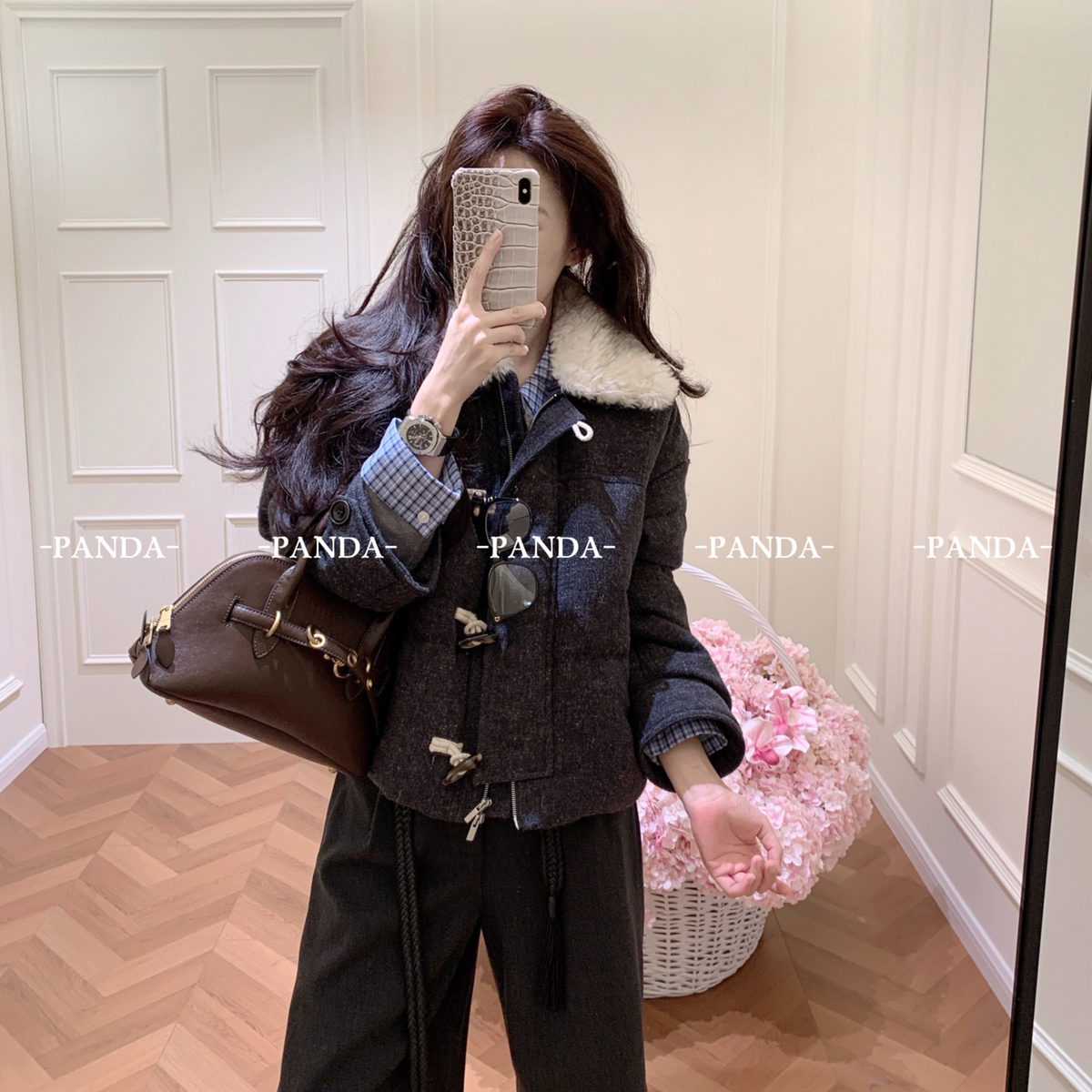 PANDA-复古老钱～羊羔毛时尚牛角扣气质保暖羽绒服外套68022清仓