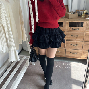 半身裙D3042 M沐韩系蓬蓬裙加厚灯芯绒层叠高腰松紧A字短款 am沐