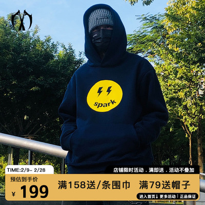 MIRACLEKILL新款发泡闪电笑脸印花仿羊羔绒抓绒潮牌连帽卫衣男女