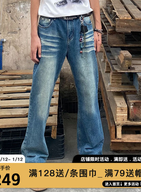 MIRACLE KILL潮牌新款纹路宽松百搭休闲舒适牛仔裤男女同款蓝色