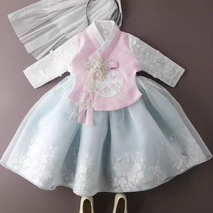 新粉蓝原创设计女童汉服套装朝鲜服延吉服饰汉服韩服粉蓝新款爆款