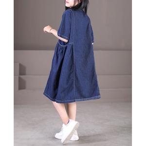 RY1514#韩版宽松大码文艺翻领纽扣褶皱口袋牛仔连衣裙夏