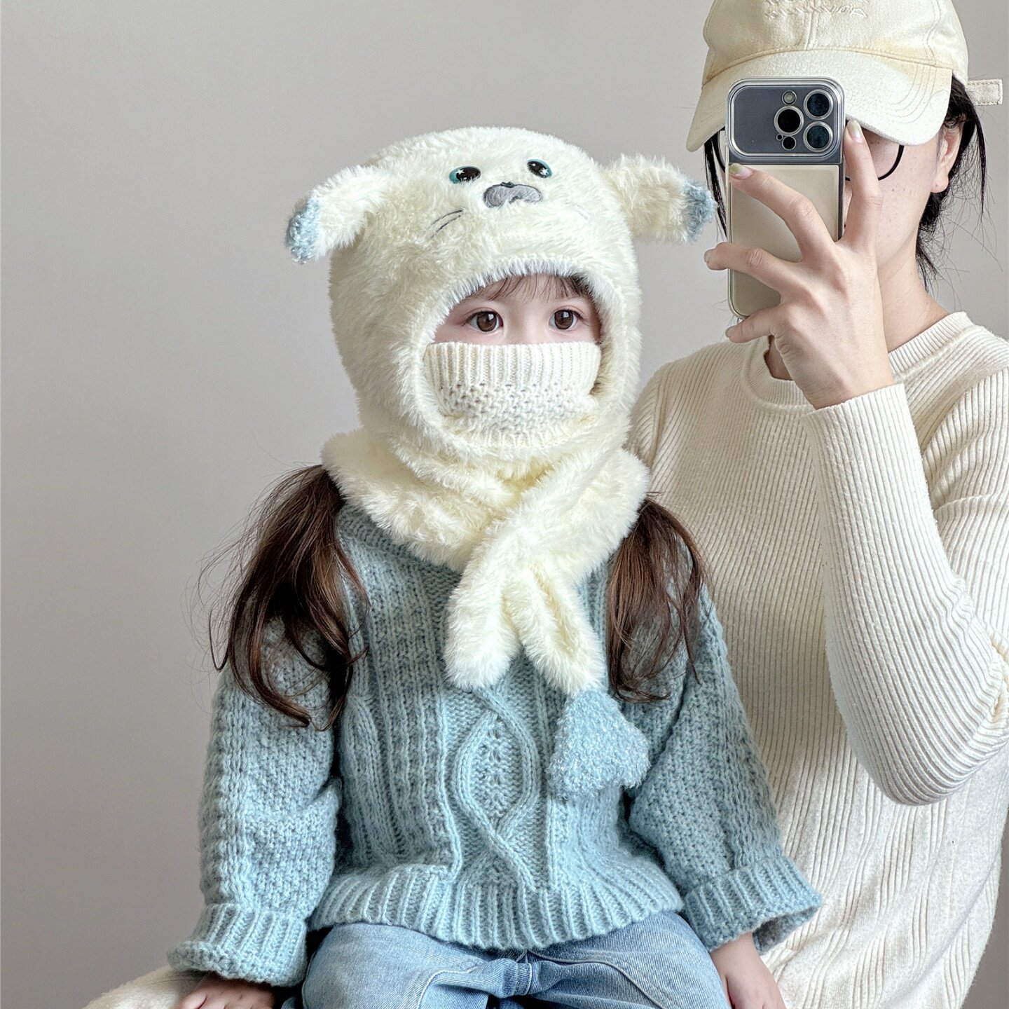 儿童帽子围脖口罩一体冬季男女童加绒加厚海豚护耳毛绒宝宝针织帽