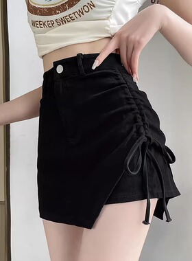 2023夏季黑色辣妹短裙女显瘦抽褶高腰不规则a字包臀半身裙裤潮ins