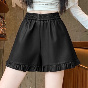 2025秋冬季大码胖mmPU皮短裤女高腰外穿A字阔腿短裤黑色休闲靴裤