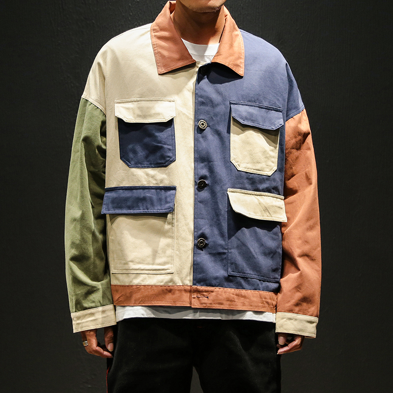 Autumn Japanese jacket with loose hip-hop and color splicing jacket, fashionable male beggar jacket, men's cardigan jacket