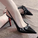气质单鞋 2026年性感风尖头细跟黑色漆皮后空凉鞋 女水钻包头高跟鞋