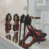 潮 宝剑权杖黑色复古利刃露趾凉鞋 欧美一字带高跟鞋 女凉鞋