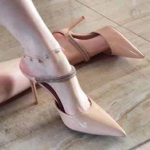 2026年新款尖头裸粉色水钻尖头高跟鞋女细跟御姐气质包头凉半拖鞋