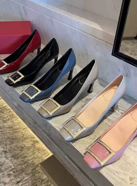 方扣高跟鞋女2025年香蕉跟方头漆皮紫色超高跟鞋细跟婚鞋性感单鞋