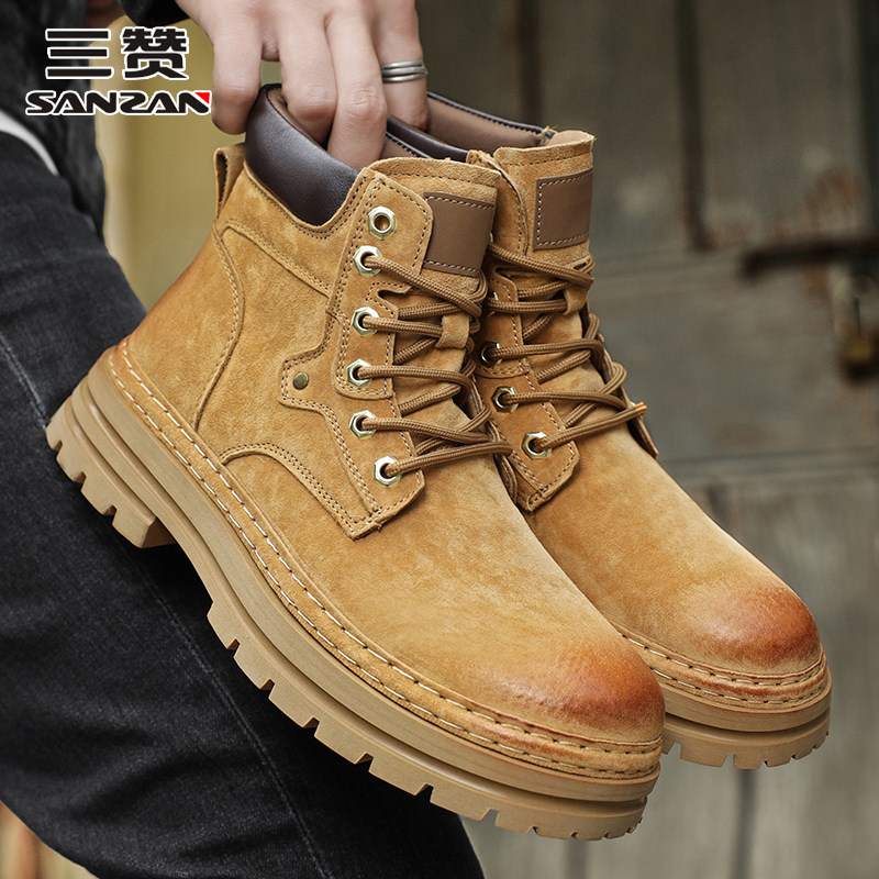三赞马丁靴男款2026新款牛皮厚底耐磨美式复古工装靴中帮大黄靴子