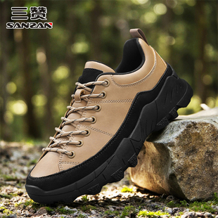 三赞运动鞋男款2026新款秋季真皮厚底休闲鞋子防水防滑户外登山鞋