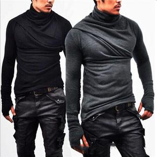 男士打底衫个性时尚高领秋冬连手套t恤长袖堆堆领修身上衣大码T恤