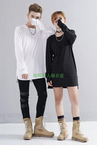 权志龙同款欧美高街修身紧身中长款纯色打底衫圆弧下摆长袖T恤男