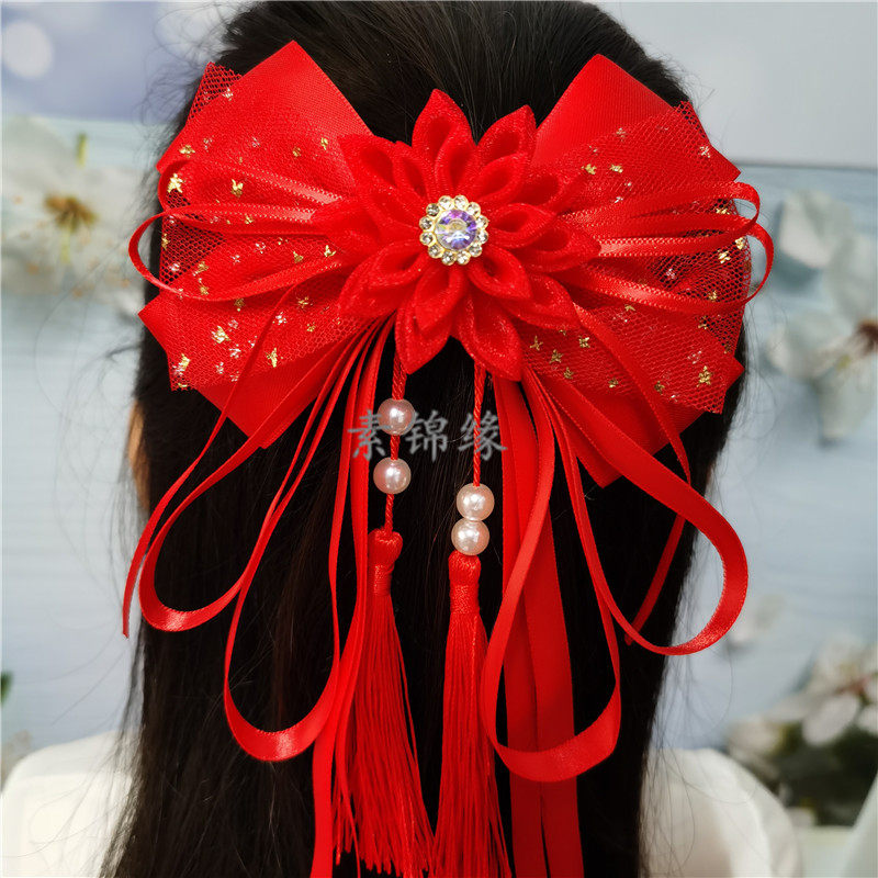 过年头花发饰蝴蝶结长飘带发夹新年红色头饰古装汉服配饰女童