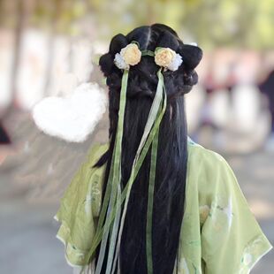 长飘带发饰清新黄绿色头饰仿真绢花对夹 超仙汉服表演花朵发饰