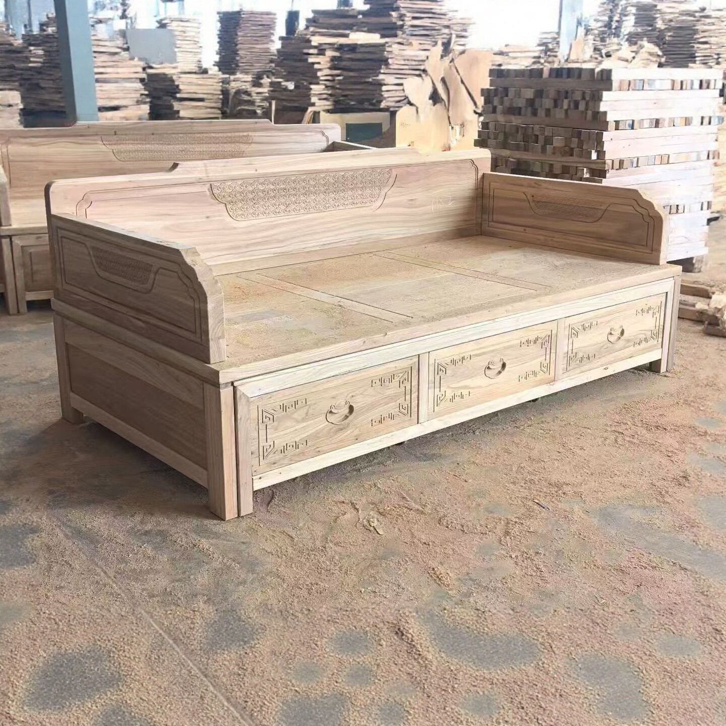 北榆木推拉罗汉床白茬全实木沙发床白胚伸缩罗汉塌中式仿古维拉床