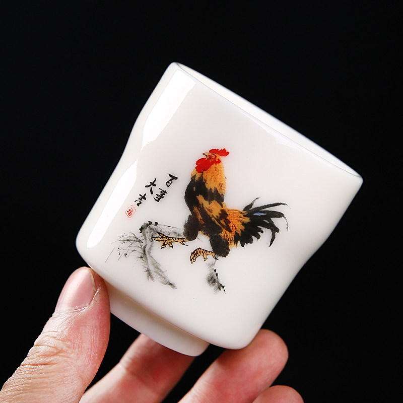 羊脂白玉瓷公鸡对杯水墨风格国画功夫茶杯陶瓷茶盏品茗杯礼品单杯