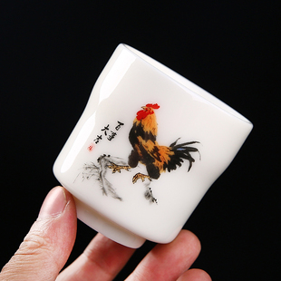 羊脂白玉瓷公鸡对杯水墨风格国画功夫茶杯陶瓷茶盏品茗杯礼品单杯