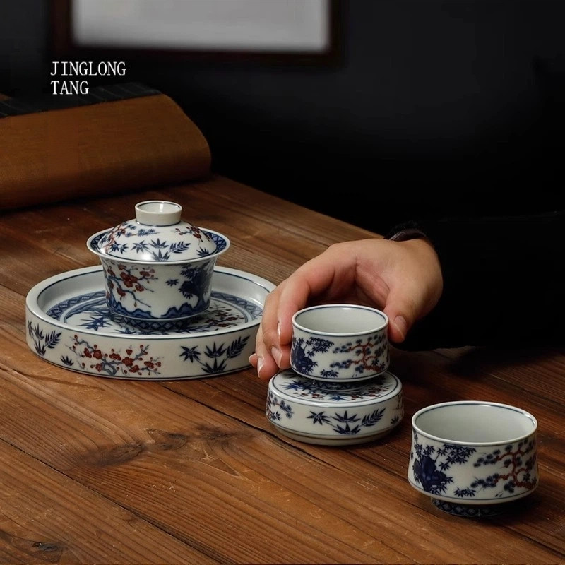 仿古青花釉里红三才盖碗壶承单个茶杯高端陶瓷家用功夫茶杯礼盒,餐饮具,盖碗,淘宝优惠券,粉丝福利购,淘宝优惠卷