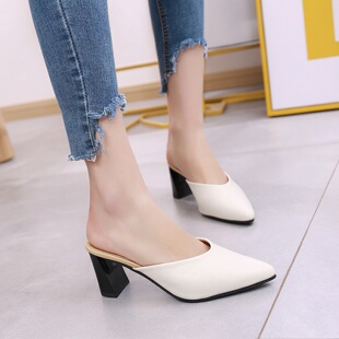 粗跟半拖百搭高跟试衣鞋 气质时尚 女外穿2026新款 网红尖头包头拖鞋