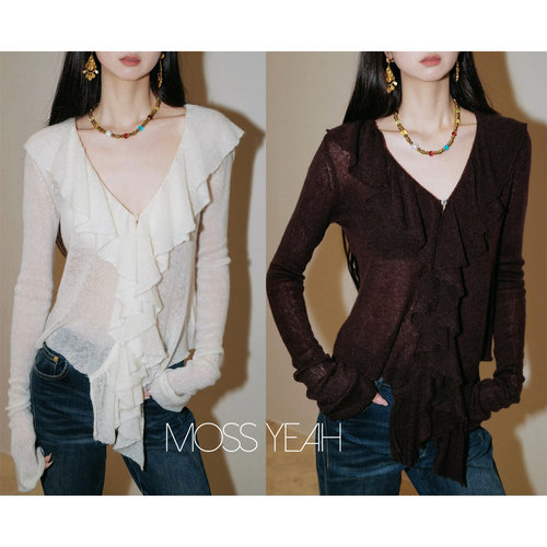 Moss烨〓设计师〓两色莱赛尔绵羊毛 V领荷叶边喇叭袖针织衫